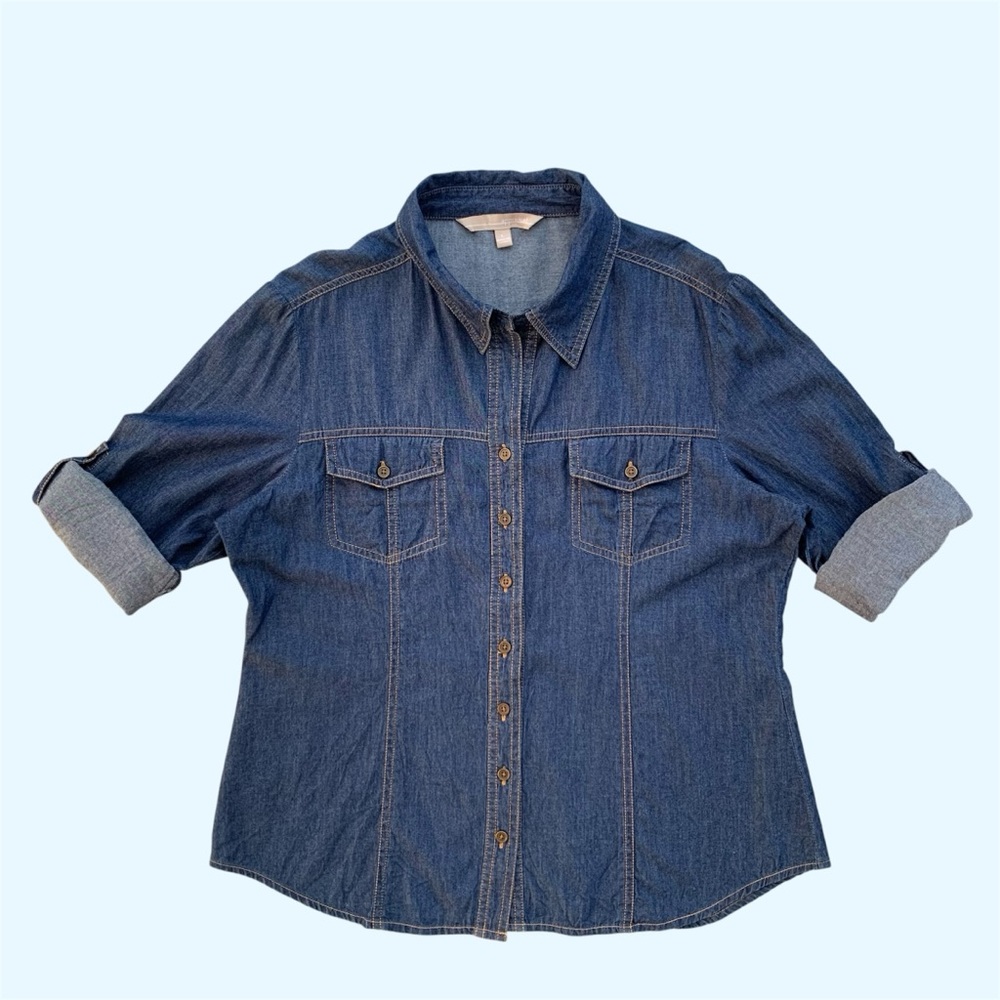 Appraisal Blue Denim 3/4 Length Roll-Up Sleeves Western Shirt ~ Women’s Large - Picture 2 of 7